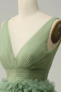 Tule Verde Gola em V Vestido Curto Com Costas Abertas