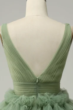 Tule Verde Gola em V Vestido Curto Com Costas Abertas