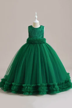 Tule verde sem mangas Um vestido de menina linha com renda