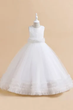 Tule verde sem mangas Um vestido de menina linha com renda