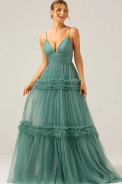 Tule Verde Uma Linha Esparguete Alças Longo Vestido de Madrinha com Folhos