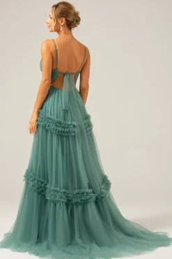 Tule Verde Uma Linha Esparguete Alças Longo Vestido de Madrinha com Folhos