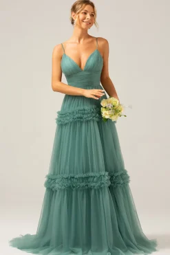 Tule Verde Uma Linha Esparguete Alças Longo Vestido de Madrinha com Folhos