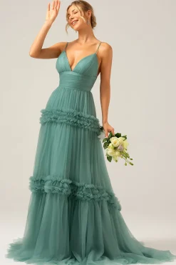 Tule Verde Uma Linha Esparguete Alças Longo Vestido de Madrinha com Folhos