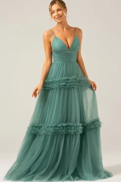 Tule Verde Uma Linha Esparguete Alças Longo Vestido de Madrinha com Folhos