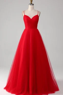 Tule Vermelho Plissado V-neck A-line Tie Back Prom Dress