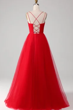 Tule Vermelho Plissado V-neck A-line Tie Back Prom Dress