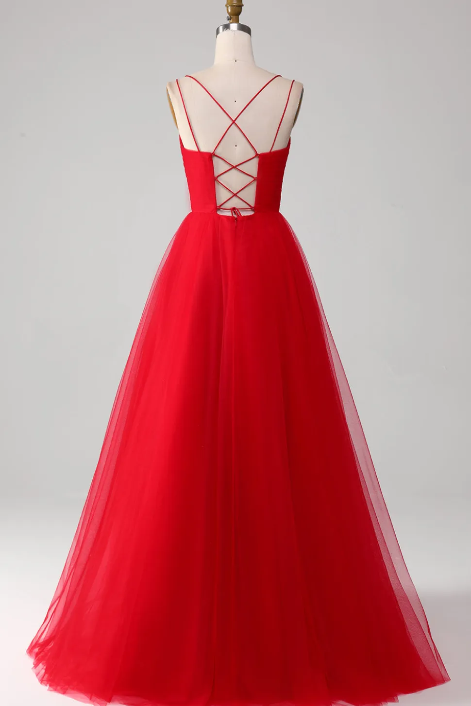 Tule Vermelho Plissado V-neck A-line Tie Back Prom Dress