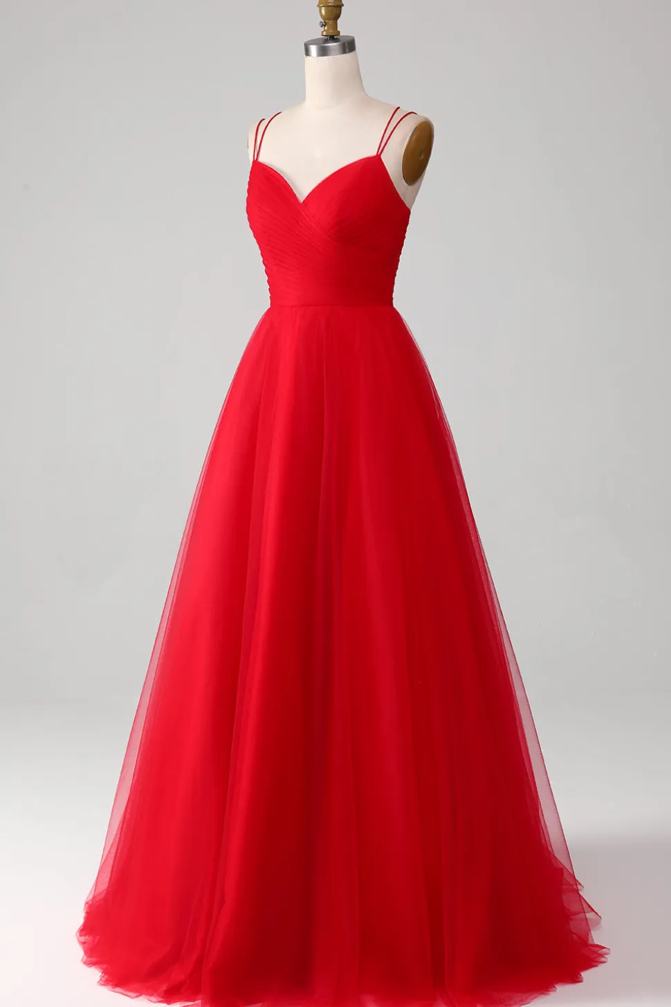 Tule Vermelho Plissado V-neck A-line Tie Back Prom Dress