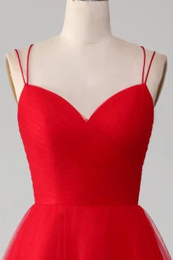 Tule Vermelho Plissado V-neck A-line Tie Back Prom Dress