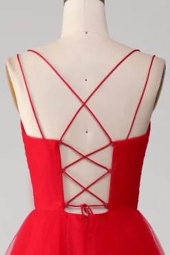 Tule Vermelho Plissado V-neck A-line Tie Back Prom Dress