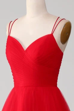 Tule Vermelho Plissado V-neck A-line Tie Back Prom Dress