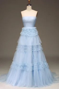 Tule Vestido de baile de formatura azul claro com fenda