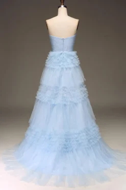 Tule Vestido de baile de formatura azul claro com fenda