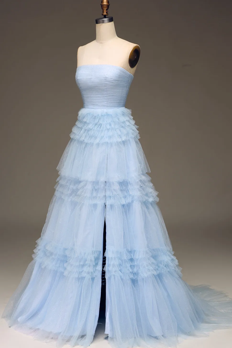Tule Vestido de baile de formatura azul claro com fenda