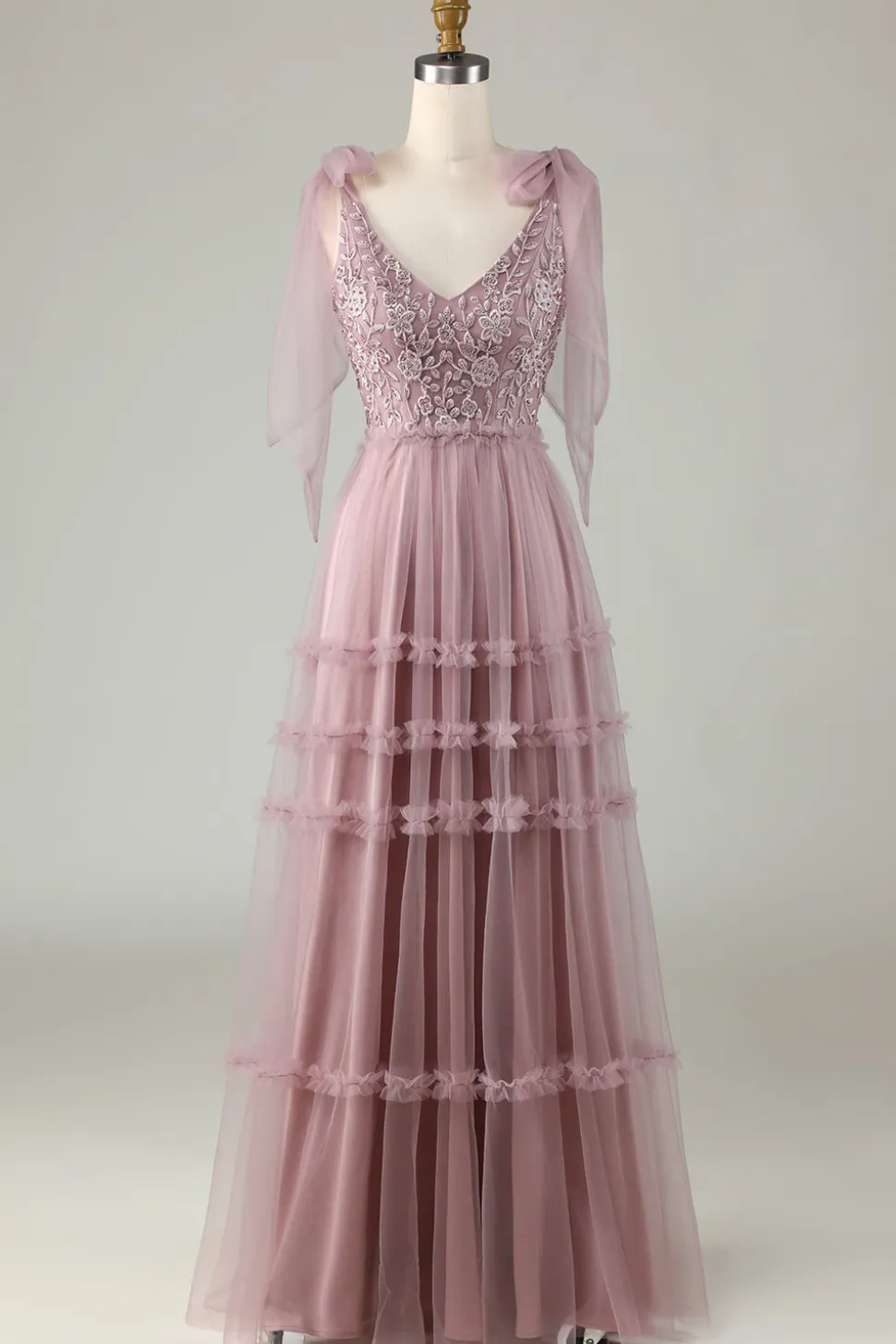 Tule V-Neck Dusty Rosa Vestido Madrinha com Missangas