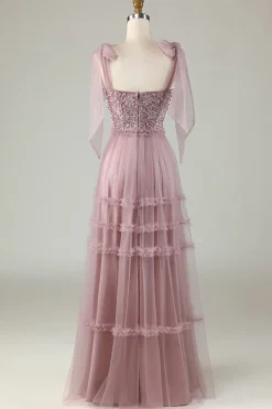 Tule V-Neck Dusty Rosa Vestido Madrinha com Missangas