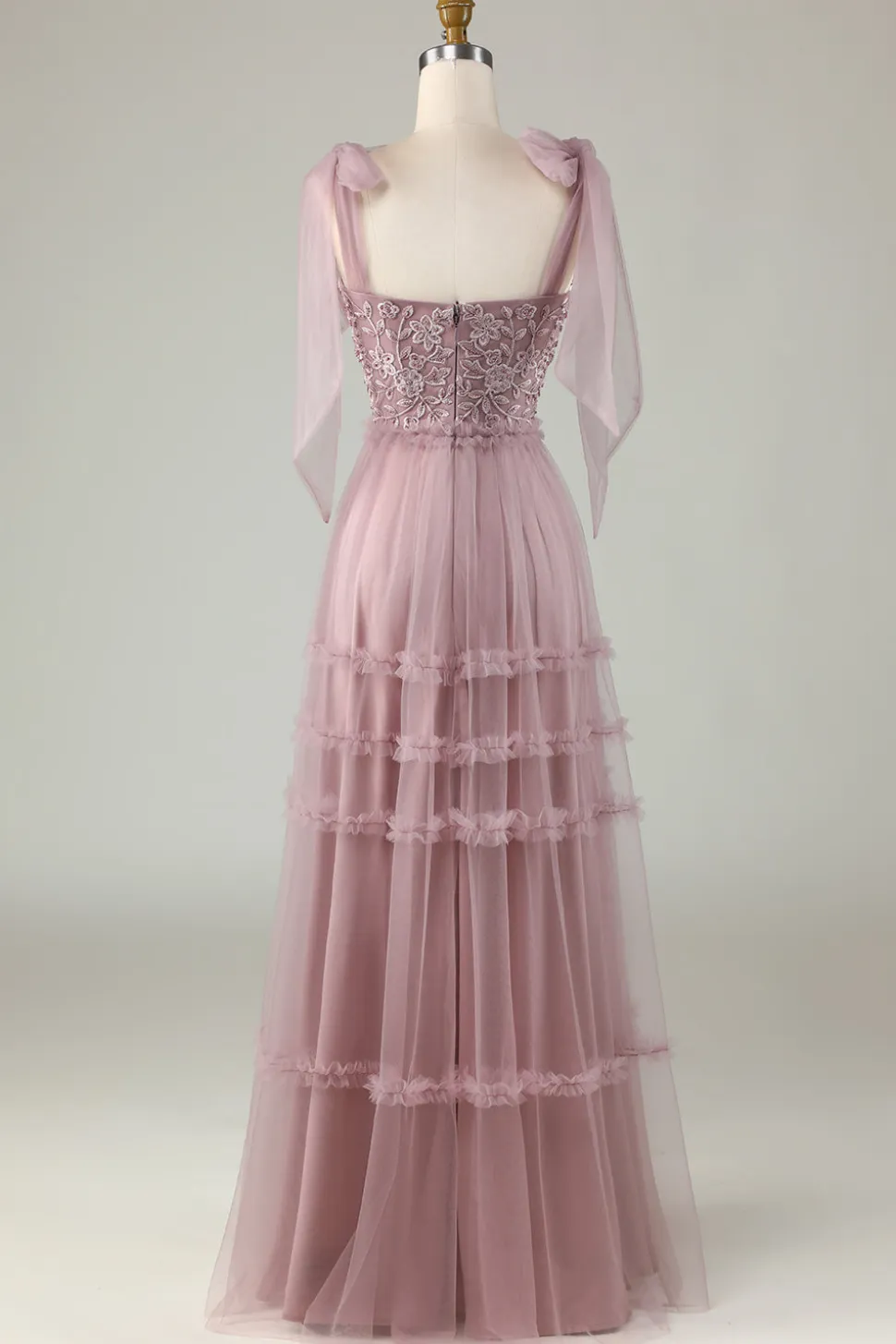 Tule V-Neck Dusty Rosa Vestido Madrinha com Missangas