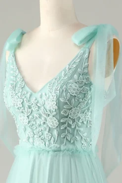 Tule V-Neck Dusty Rosa Vestido Madrinha com Missangas