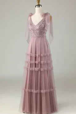 Tule V-Neck Dusty Rosa Vestido Madrinha com Missangas