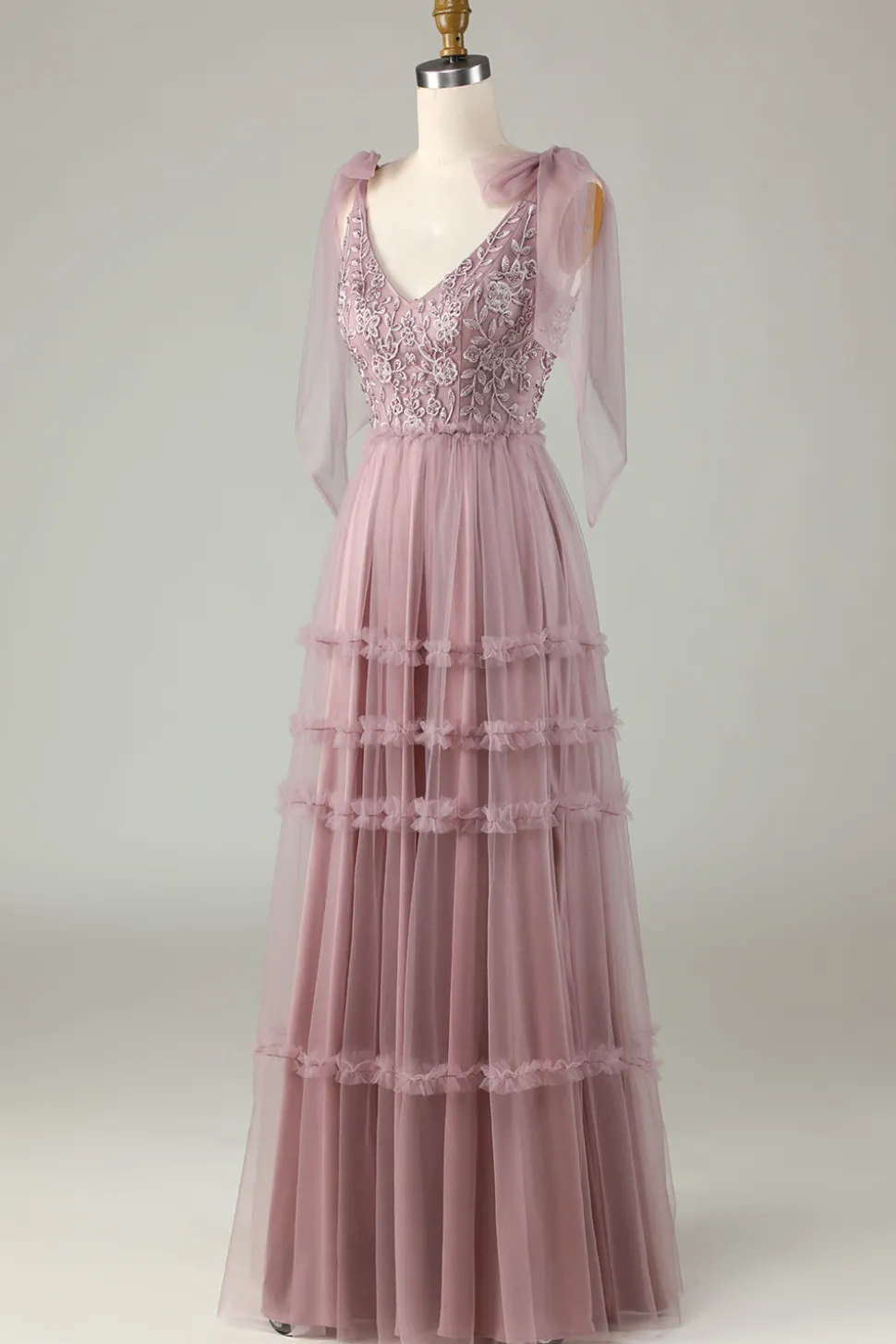 Tule V-Neck Dusty Rosa Vestido Madrinha com Missangas