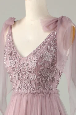 Tule V-Neck Dusty Rosa Vestido Madrinha com Missangas