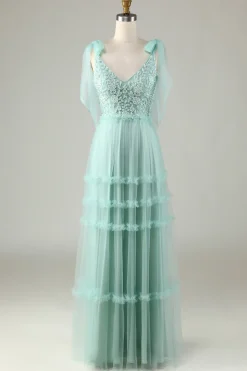 Tule V-Neck Dusty Rosa Vestido Madrinha com Missangas
