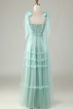 Tule V-Neck Dusty Rosa Vestido Madrinha com Missangas