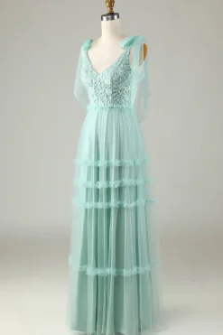 Tule V-Neck Dusty Rosa Vestido Madrinha com Missangas
