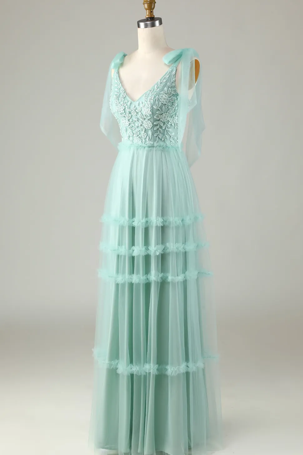 Tule V-Neck Dusty Rosa Vestido Madrinha com Missangas