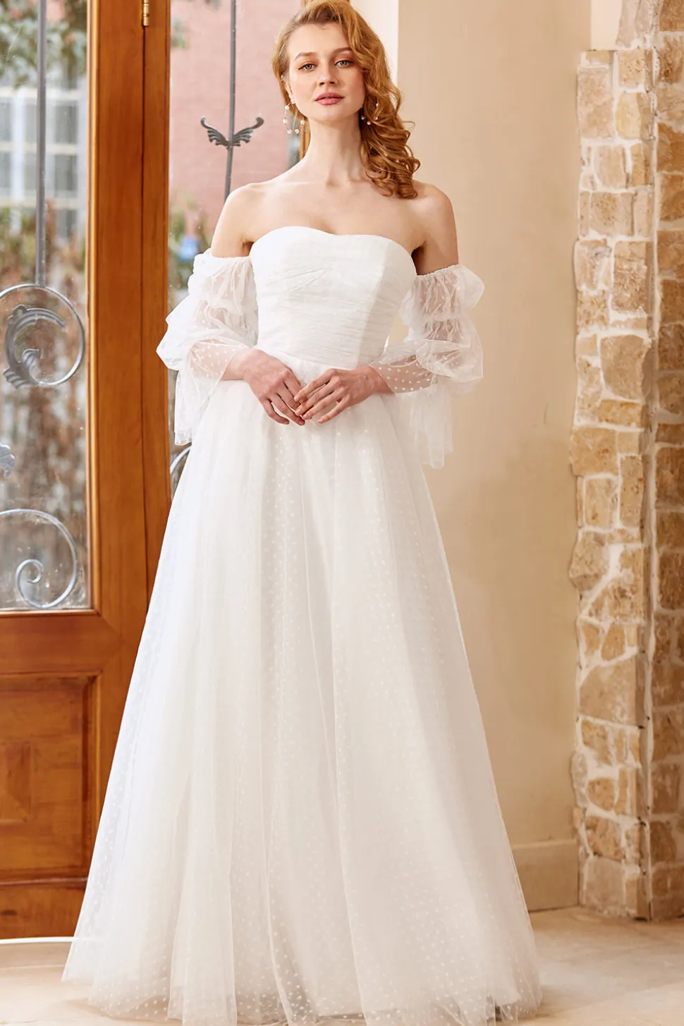 Tulle branco fora do ombro vestido de noiva