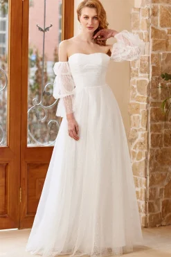 Tulle branco fora do ombro vestido de noiva
