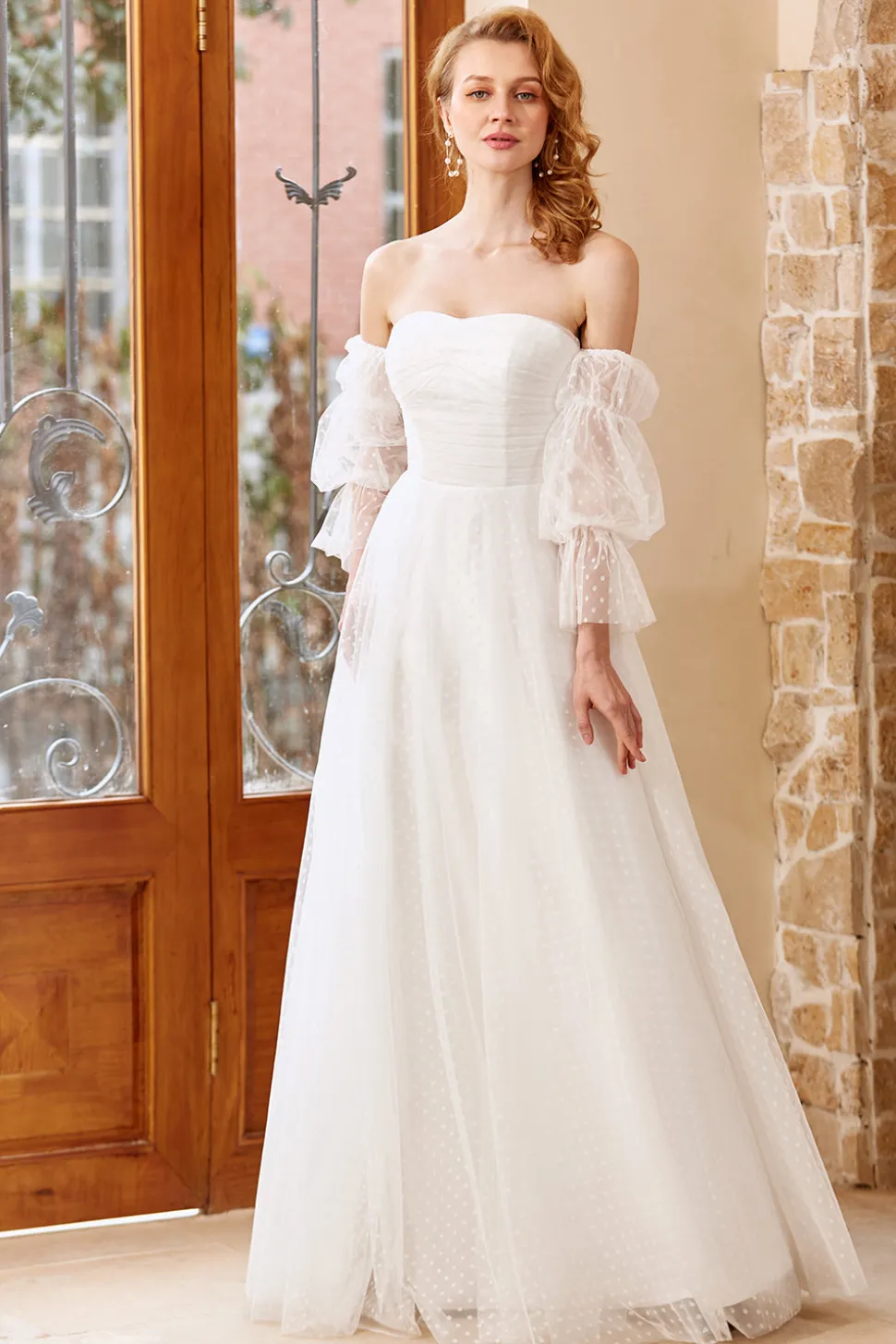 Tulle branco fora do ombro vestido de noiva