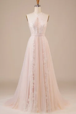 Tulle Halter Keyhole Champagne Vestido de Noiva com Apliques
