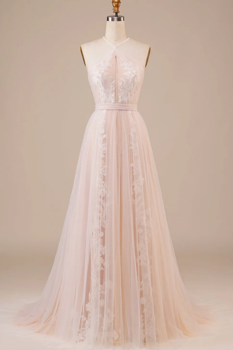 Tulle Halter Keyhole Champagne Vestido de Noiva com Apliques