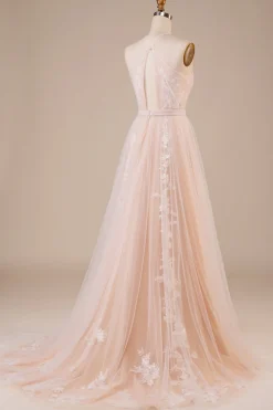 Tulle Halter Keyhole Champagne Vestido de Noiva com Apliques
