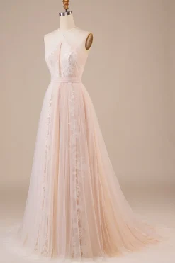 Tulle Halter Keyhole Champagne Vestido de Noiva com Apliques