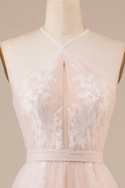 Tulle Halter Keyhole Champagne Vestido de Noiva com Apliques