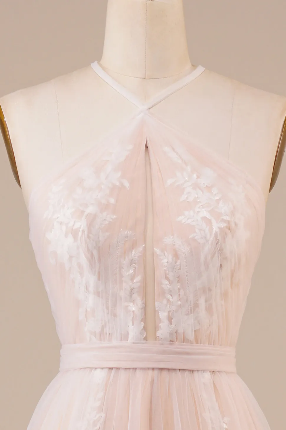 Tulle Halter Keyhole Champagne Vestido de Noiva com Apliques