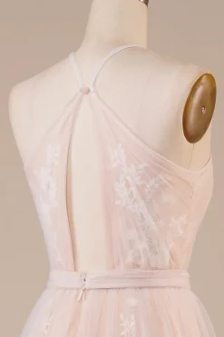 Tulle Halter Keyhole Champagne Vestido de Noiva com Apliques