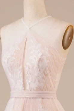 Tulle Halter Keyhole Champagne Vestido de Noiva com Apliques