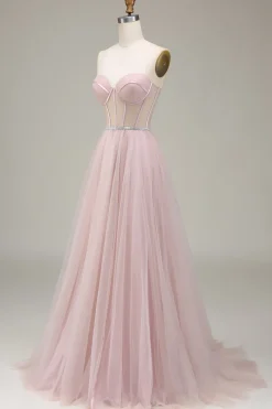 Tulle Querida Vestido de Baile Rosa Claro com Espartilho