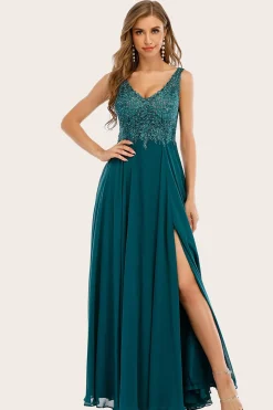 Turquesa Chiffon Longo vestido de baile com missangas