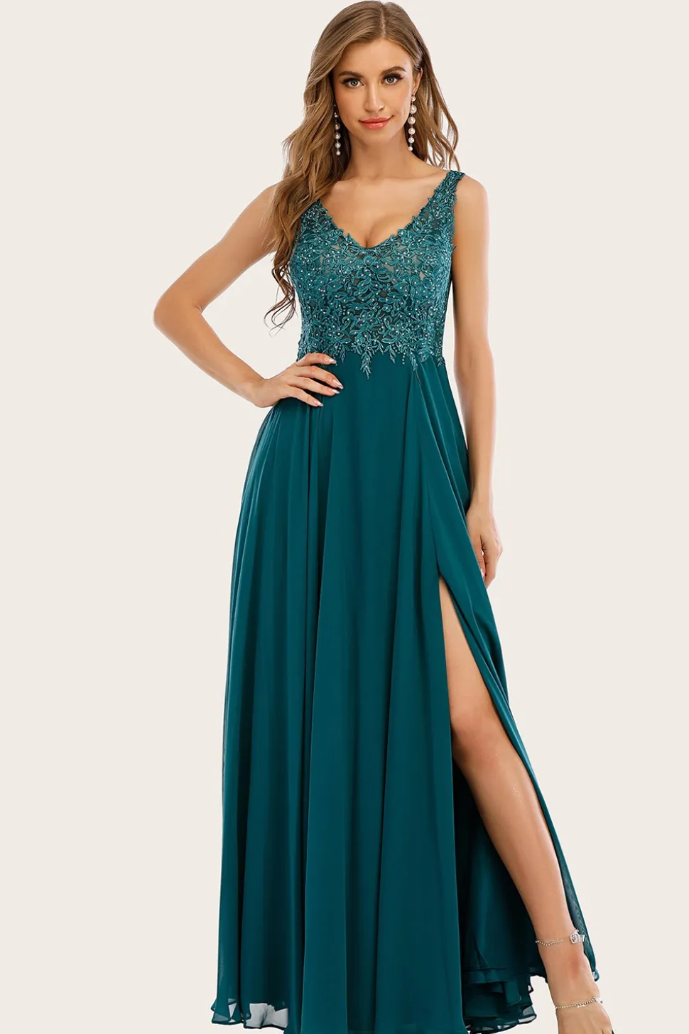 Turquesa Chiffon Longo vestido de baile com missangas