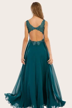 Turquesa Chiffon Longo vestido de baile com missangas
