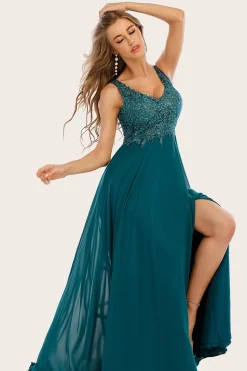 Turquesa Chiffon Longo vestido de baile com missangas