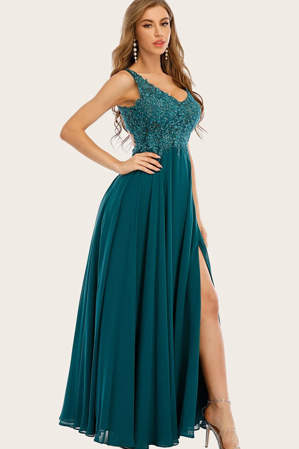 Turquesa Chiffon Longo vestido de baile com missangas