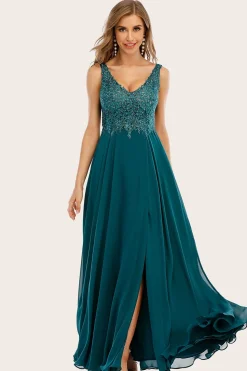 Turquesa Chiffon Longo vestido de baile com missangas