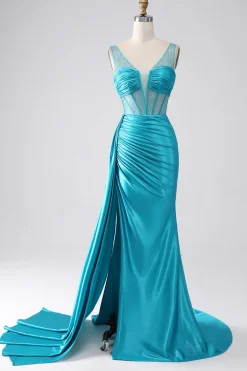 Turquesa Sereia V-Neck Varredura Trem Espartilho Plissado Frisado Vestido de Baile