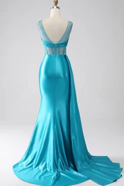 Turquesa Sereia V-Neck Varredura Trem Espartilho Plissado Frisado Vestido de Baile